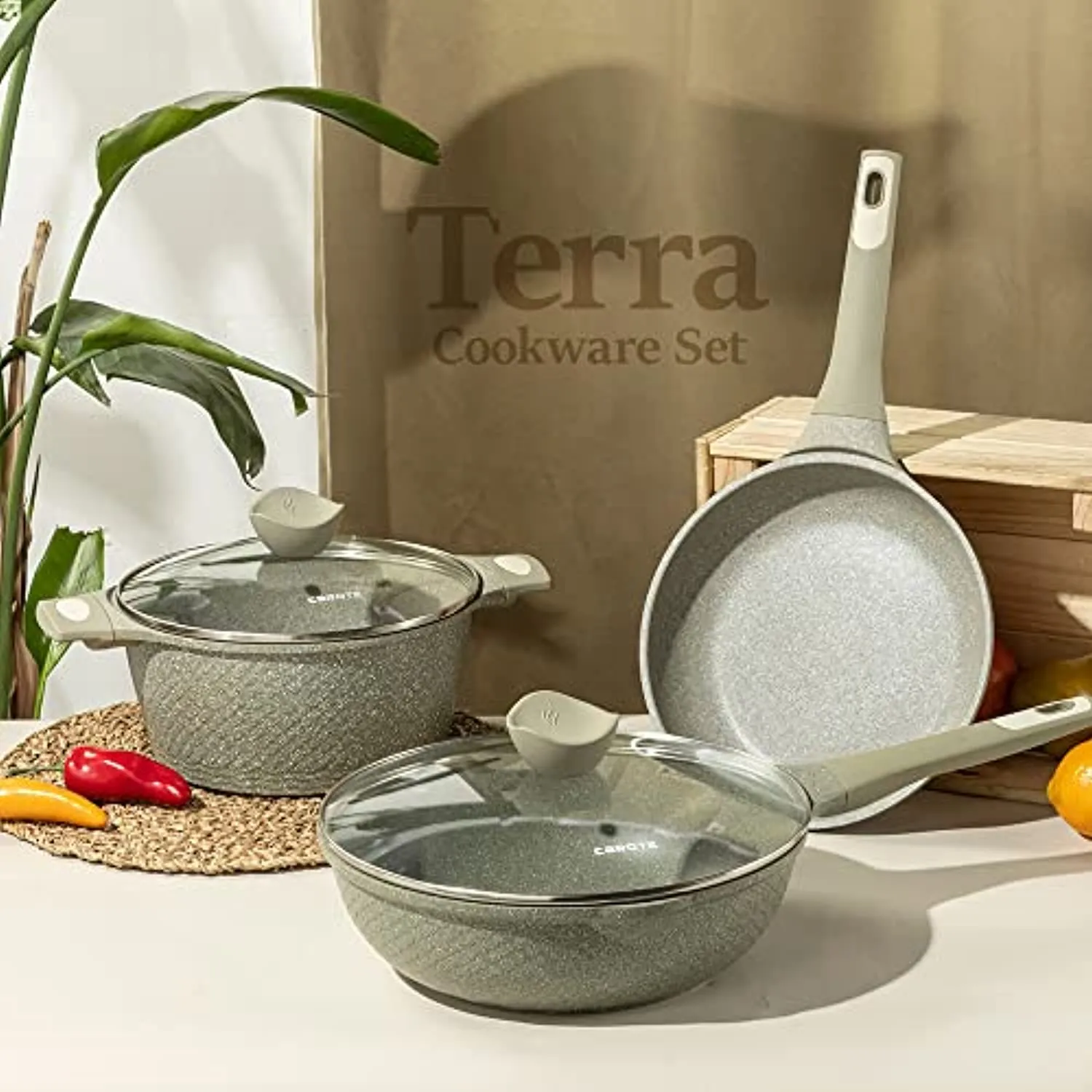 Carote Granite Nonstick Cookware Set,5 Pcs Nonstick Cookware Set Pans and Pots, Terra,Green PFOA Free (5-Pcs Cookware Set)