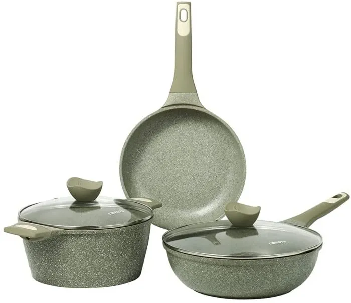 Carote Granite Nonstick Cookware Set,5 Pcs Nonstick Cookware Set Pans and Pots, Terra,Green PFOA Free (5-Pcs Cookware Set)