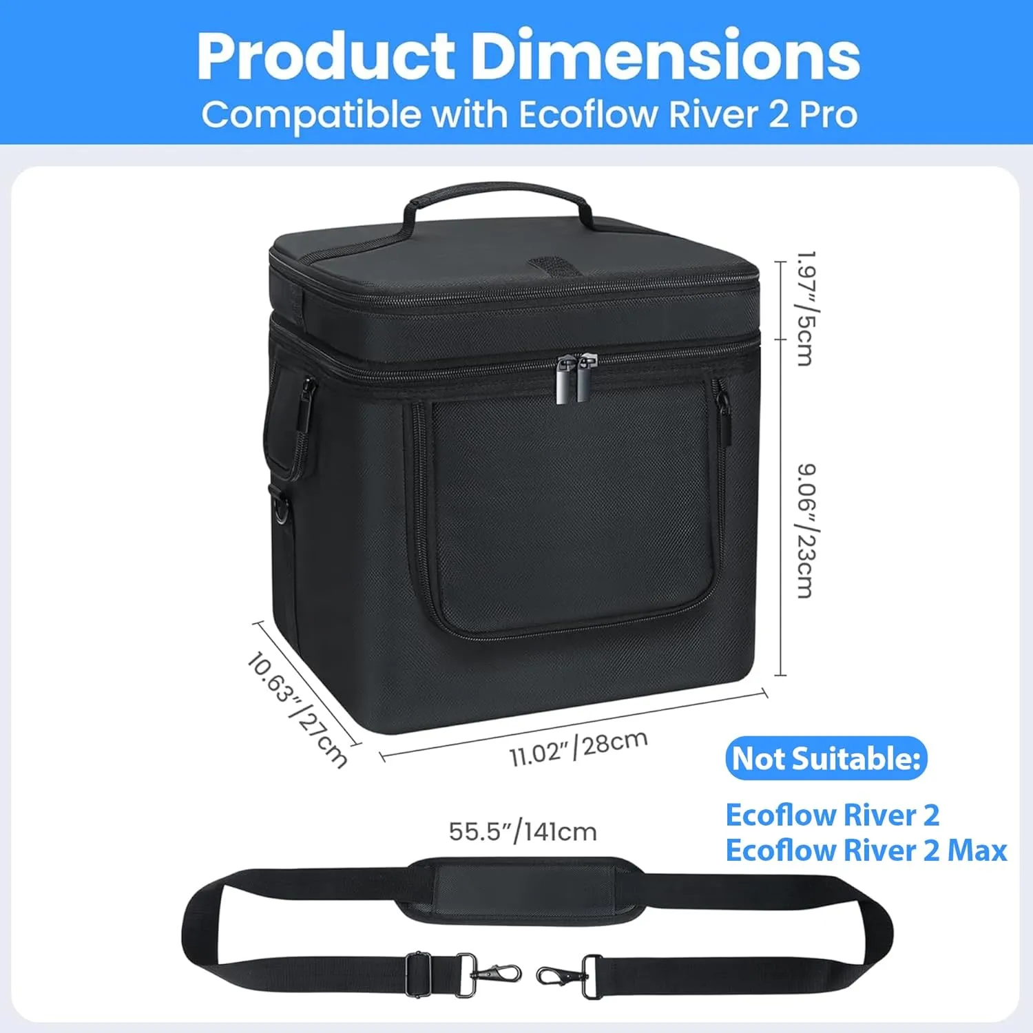 Carrying Bag Compatible with ECOFLOW River 2 Pro, Power Storage Bag with Adjustable Shoulder Strap, Soft Generator Cover with Side Zipper,28*27*23CM (Black, For River 2 Pro)