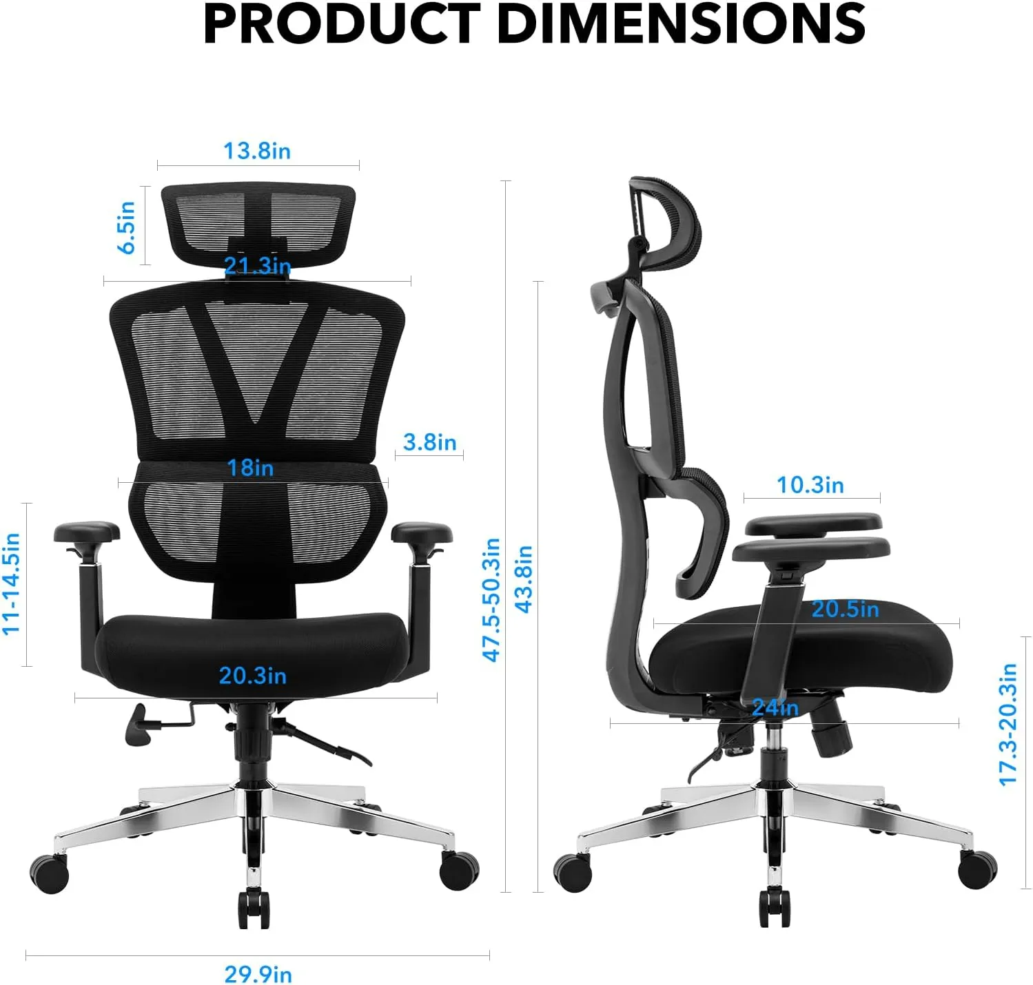 Chair Master Ergonomic High Back Mesh Office Chair, 3D Armrest, Adjustable Headrest, Variable Tilt (Nylon Casters)