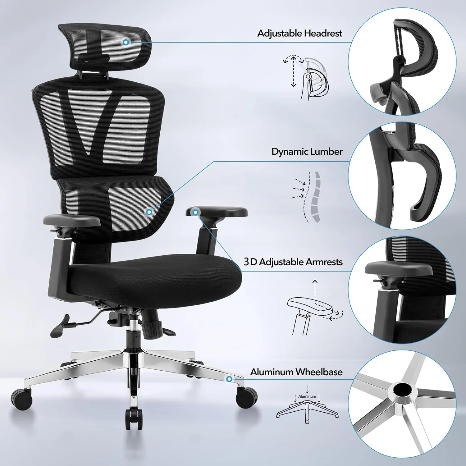 Chair Master Ergonomic High Back Mesh Office Chair, 3D Armrest, Adjustable Headrest, Variable Tilt (Nylon Casters)