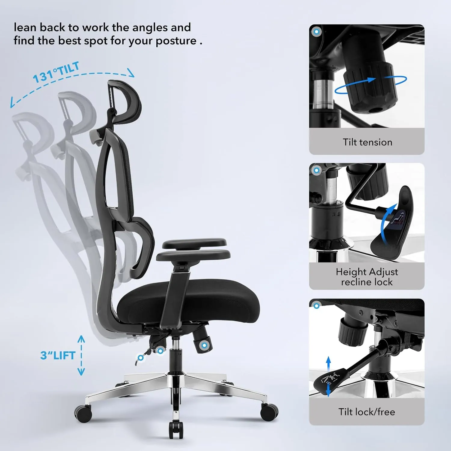 Chair Master Ergonomic High Back Mesh Office Chair, 3D Armrest, Adjustable Headrest, Variable Tilt (Nylon Casters)