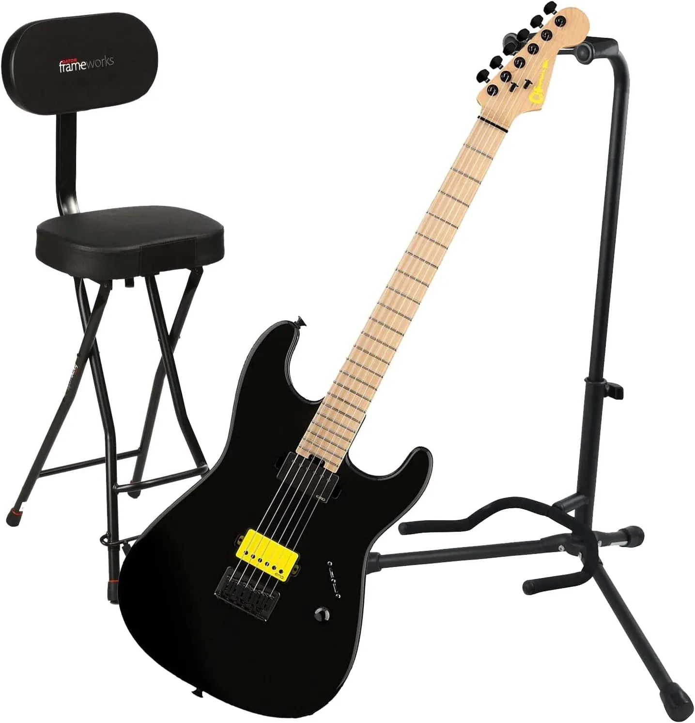 Charvel San Dimas Style 1 SL Sig Electric Guitar, Black, Gator Stand, Gator GFW-GTR-SEAT Bundle