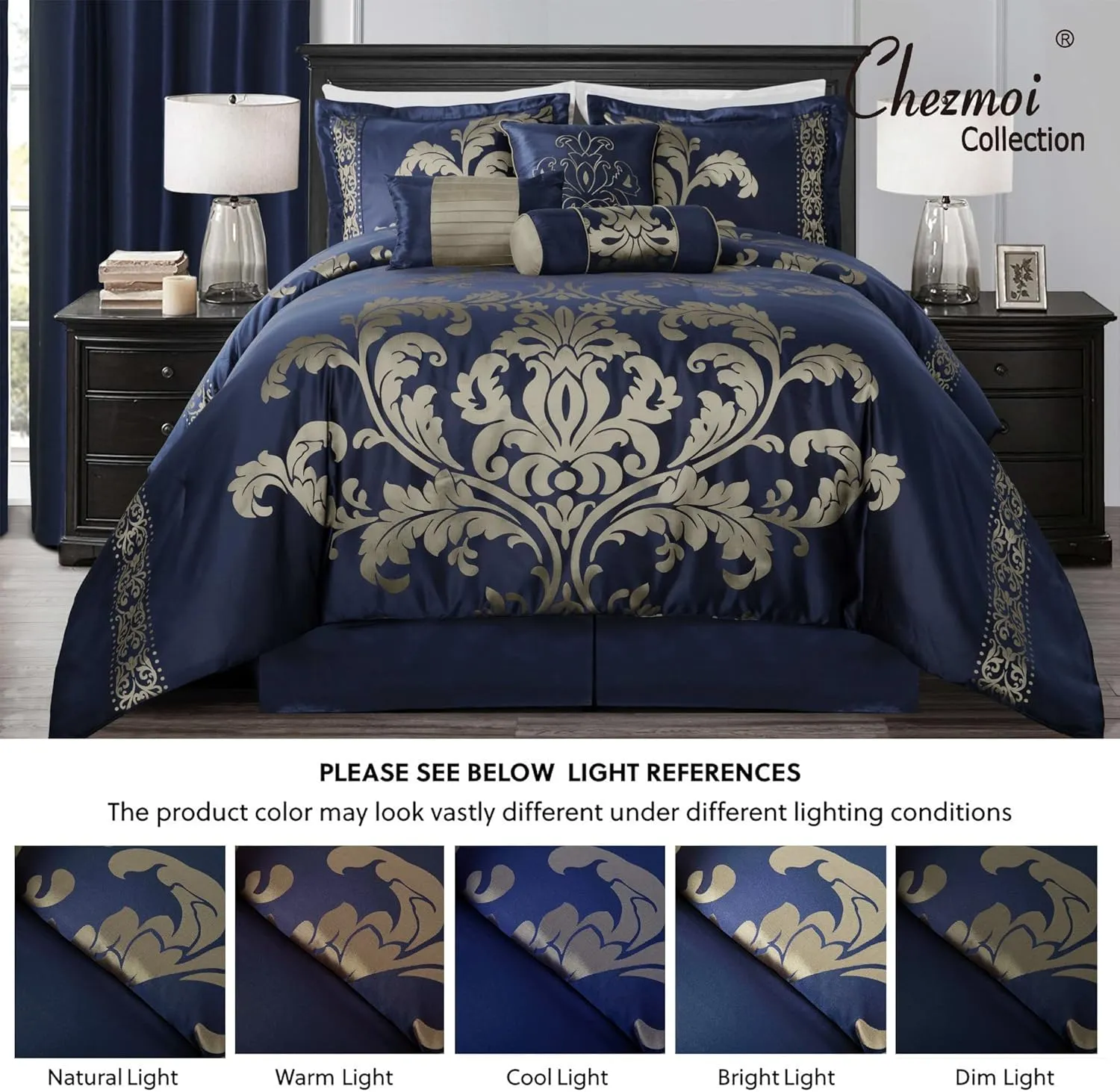 Chezmoi Collection 7-Piece Jacquard Floral Comforter Set (King, Navy/Gold)