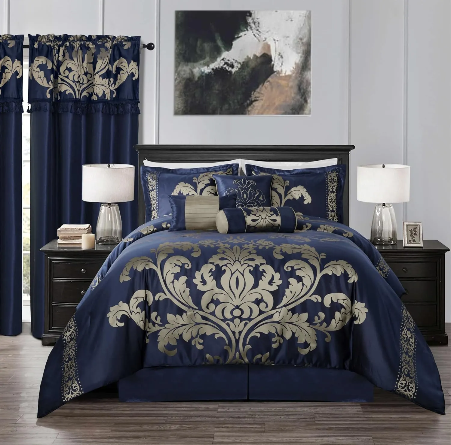 Chezmoi Collection 7-Piece Jacquard Floral Comforter Set (King, Navy/Gold)