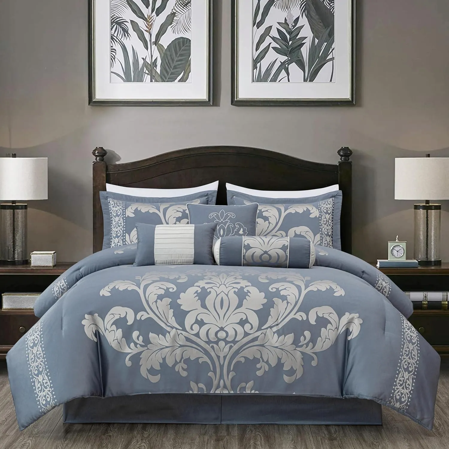 Chezmoi Collection Royale 7-Piece Jacquard Floral Comforter Set, Oversized Queen, Grayish Blue/Gray