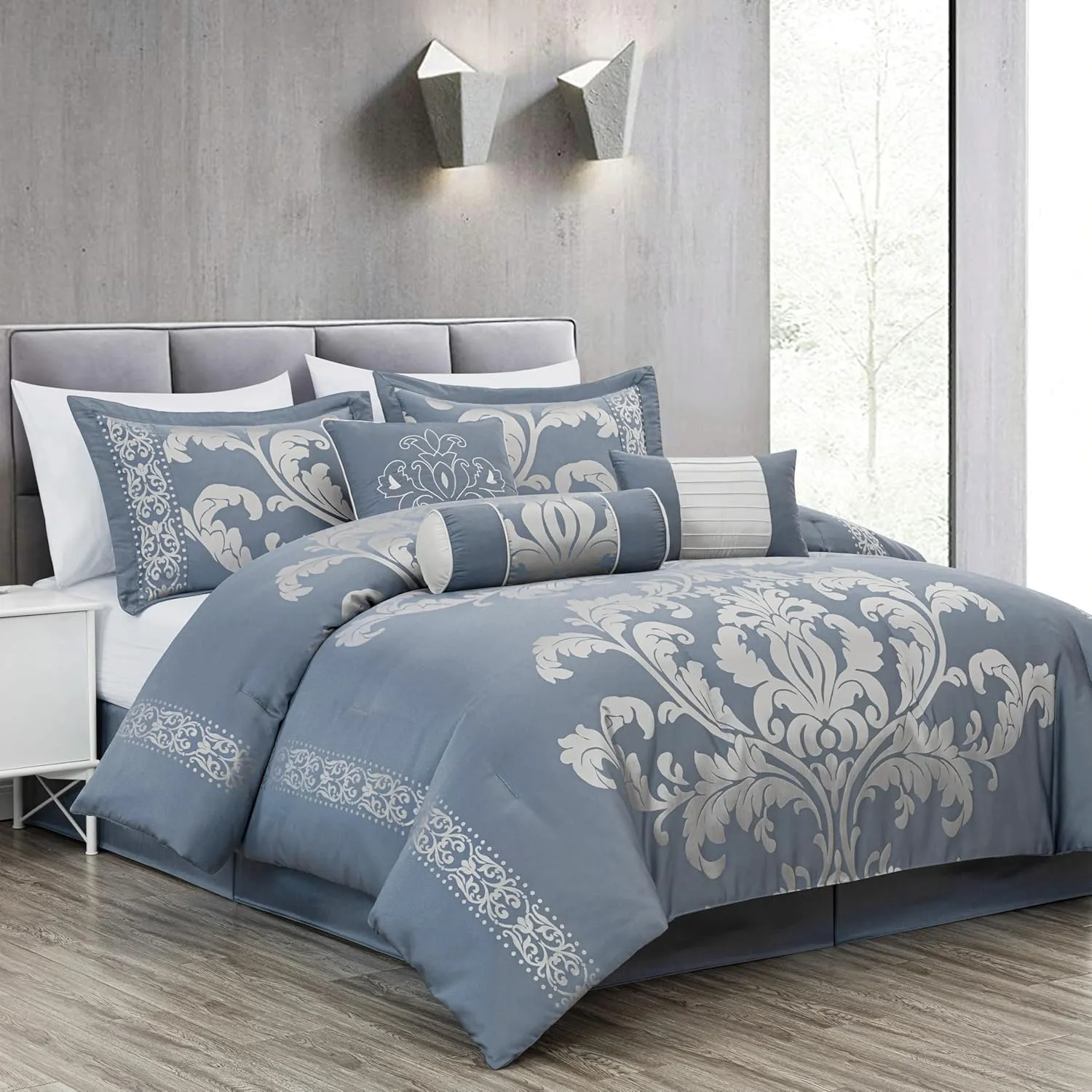 Chezmoi Collection Royale 7-Piece Jacquard Floral Comforter Set, Oversized Queen, Grayish Blue/Gray