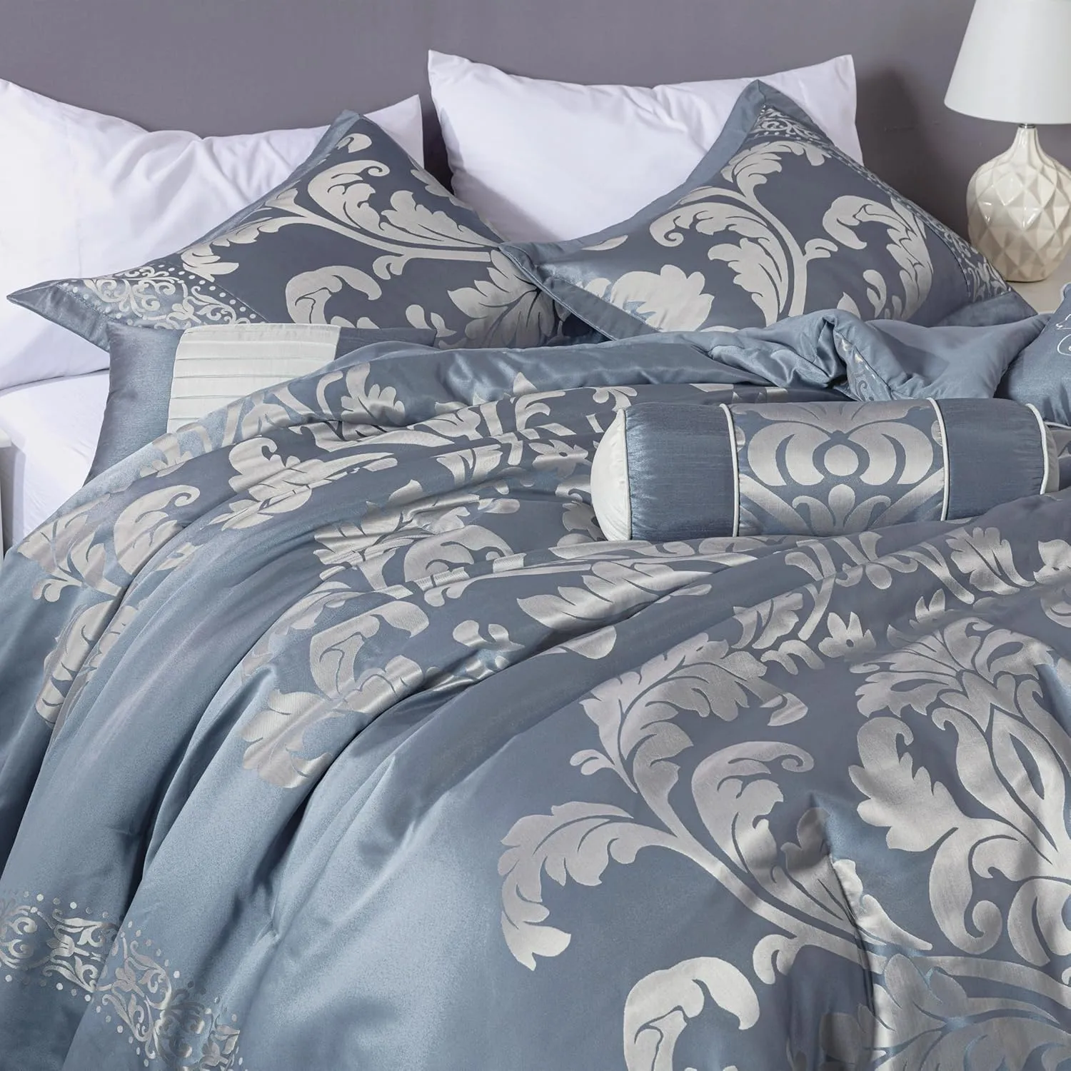 Chezmoi Collection Royale 7-Piece Jacquard Floral Comforter Set, Oversized Queen, Grayish Blue/Gray