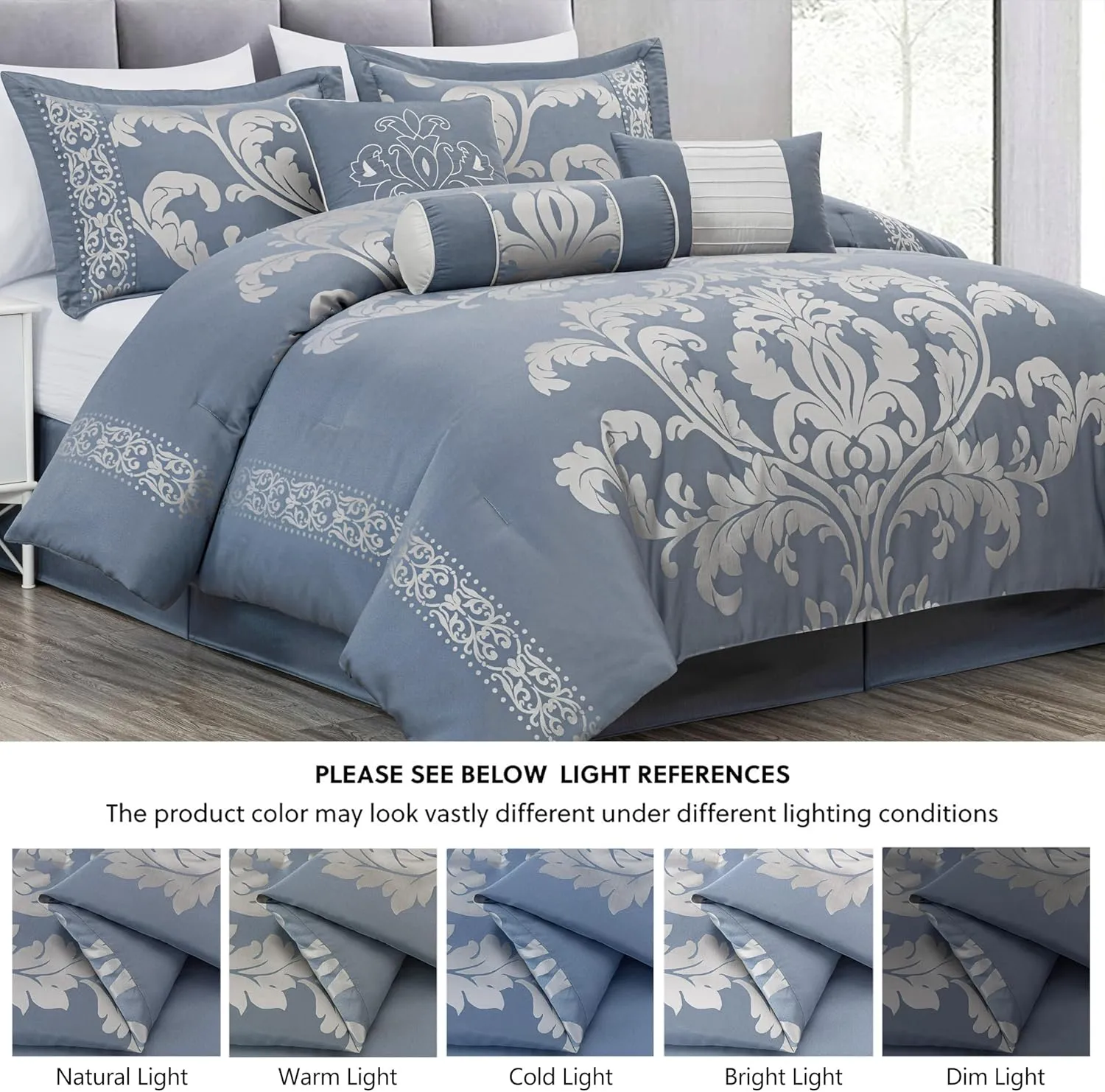 Chezmoi Collection Royale 7-Piece Jacquard Floral Comforter Set, Oversized Queen, Grayish Blue/Gray