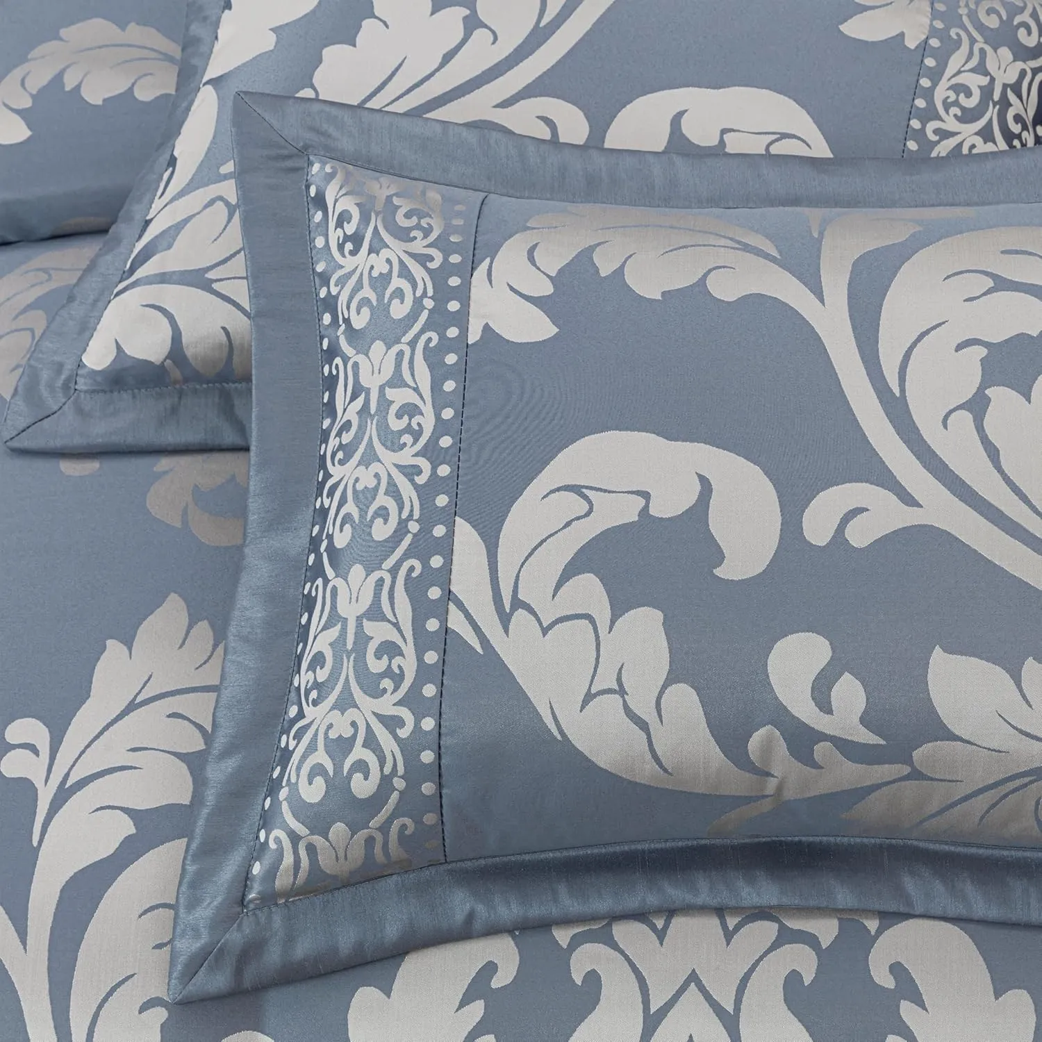 Chezmoi Collection Royale 7-Piece Jacquard Floral Comforter Set, Oversized Queen, Grayish Blue/Gray