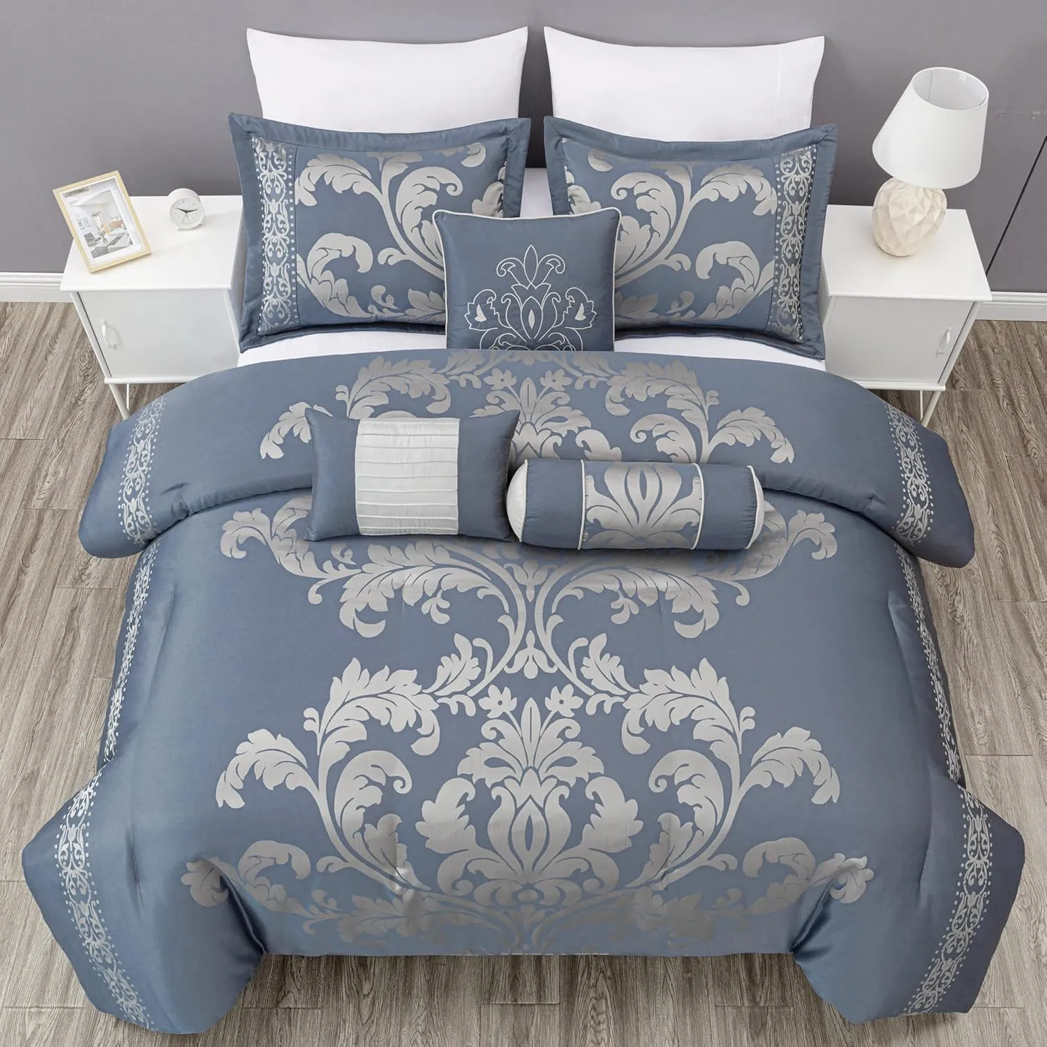 Chezmoi Collection Royale 7-Piece Jacquard Floral Comforter Set, Oversized Queen, Grayish Blue/Gray