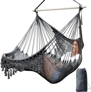 Chihee Hammock Chair Super Large Soft-Spun Cotton Rope Weaving Hanging Chair, Collapsible Strong Metal Spreader Bar Wide Seat Lace Stretch Swing Chairs Indoor Outdoor Garden Yard Theme Decoration