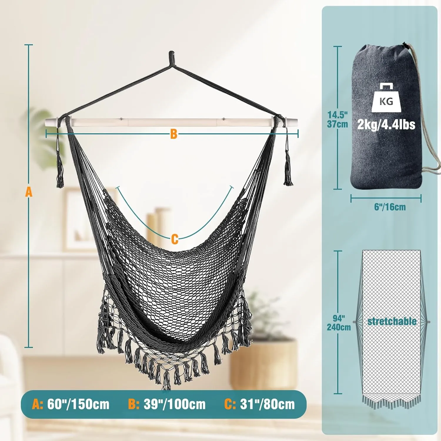 Chihee Hammock Chair Super Large Soft-Spun Cotton Rope Weaving Hanging Chair, Collapsible Strong Metal Spreader Bar Wide Seat Lace Stretch Swing Chairs Indoor Outdoor Garden Yard Theme Decoration