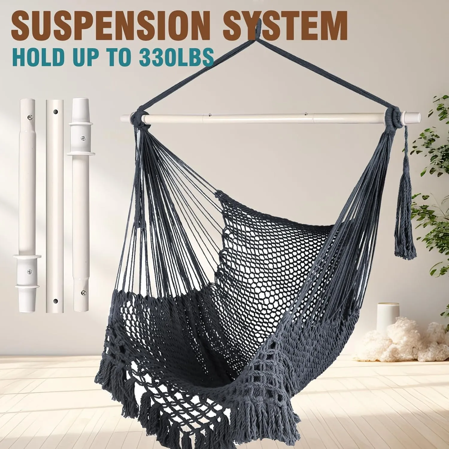 Chihee Hammock Chair Super Large Soft-Spun Cotton Rope Weaving Hanging Chair, Collapsible Strong Metal Spreader Bar Wide Seat Lace Stretch Swing Chairs Indoor Outdoor Garden Yard Theme Decoration