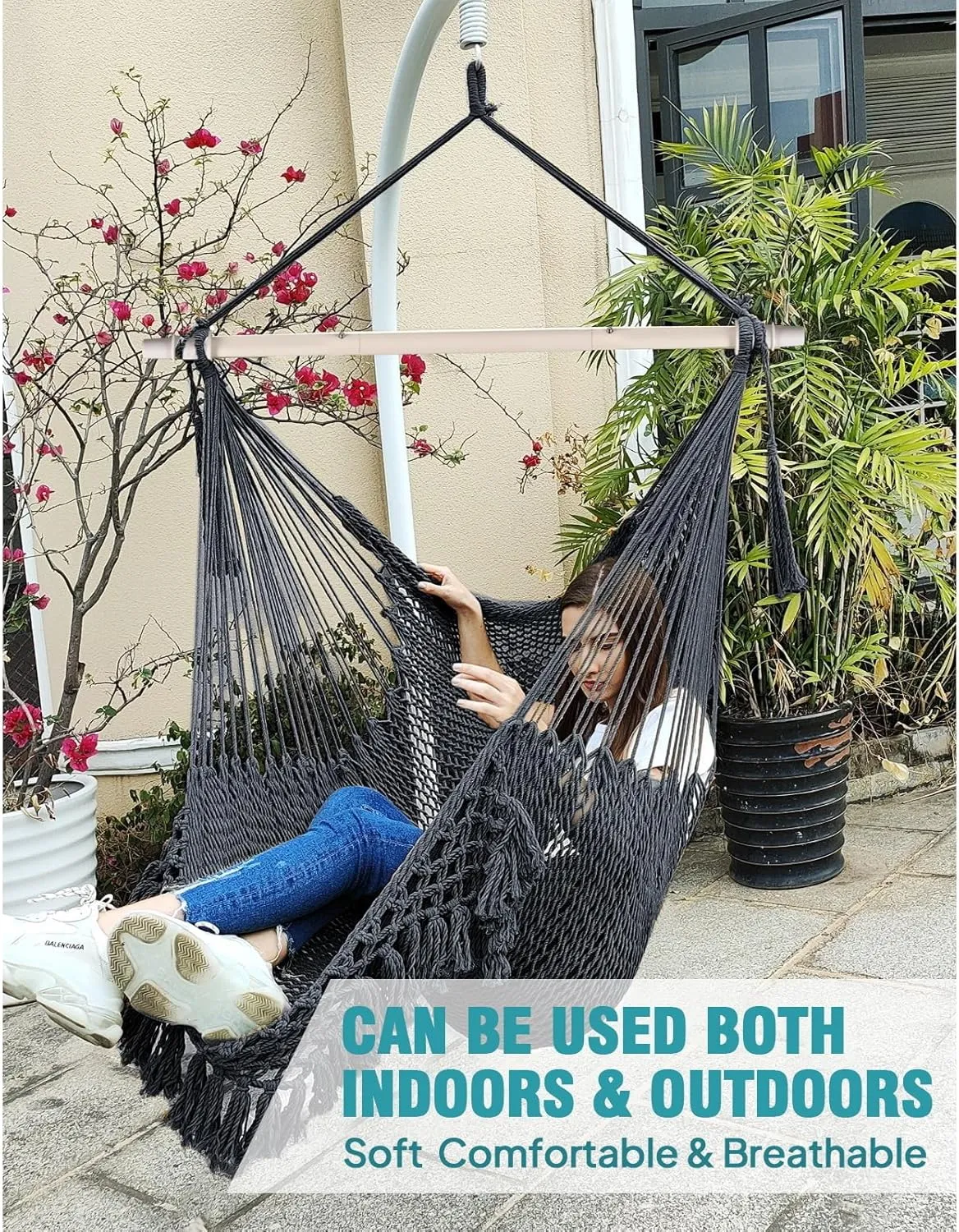 Chihee Hammock Chair Super Large Soft-Spun Cotton Rope Weaving Hanging Chair, Collapsible Strong Metal Spreader Bar Wide Seat Lace Stretch Swing Chairs Indoor Outdoor Garden Yard Theme Decoration
