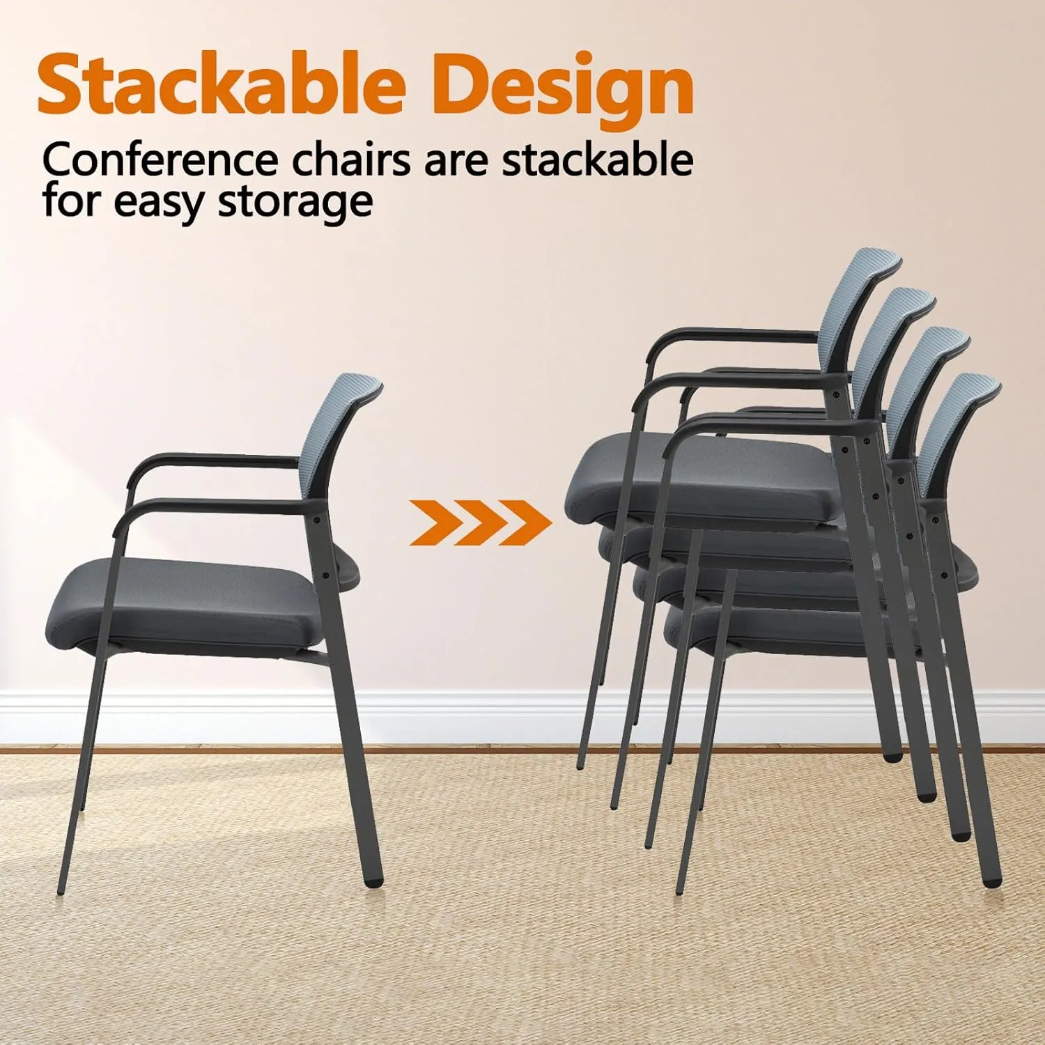 CLATINA Mesh Back Stacking Arm Chairs with Upholstered Fabric Seat and Ergonomic Lumber Support for Office School Church Guest Reception Grey (Gray-4 Pack)