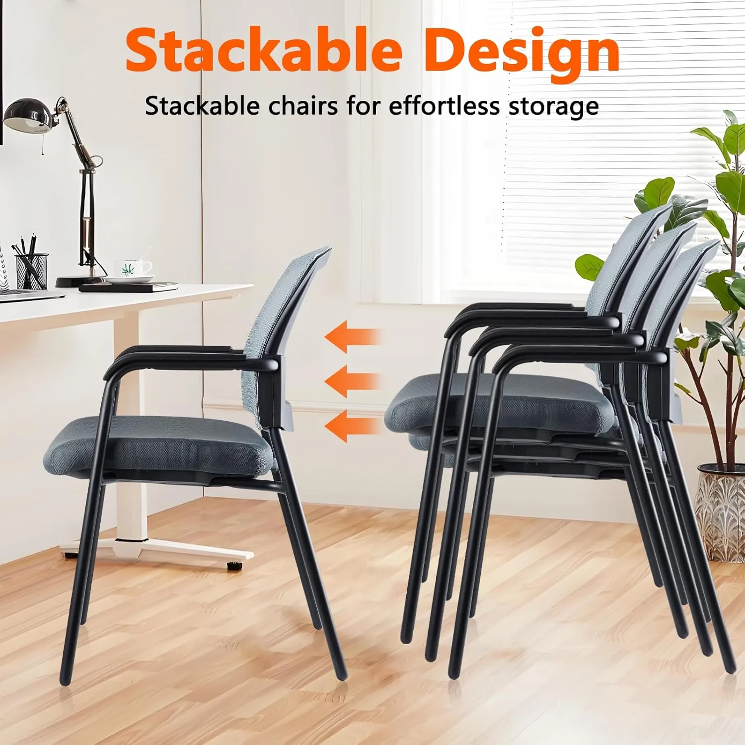 CLATINA Office Reception Guest Chair Mesh Back Stacking with Ergonomic Lumbar Support and Thickened Seat Cushion for Waiting Conference Room Gray 4 Pack