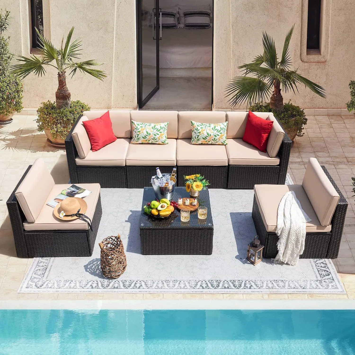 ClawsCover 14Pack Outdoor Patio Seat and Back Cushions Replacement Covers Fit for 7Pieces 6-Seater Wicker Rattan Sectional Couch Chair Furniture Set,Light Khaki-Include Cover Only (Small)