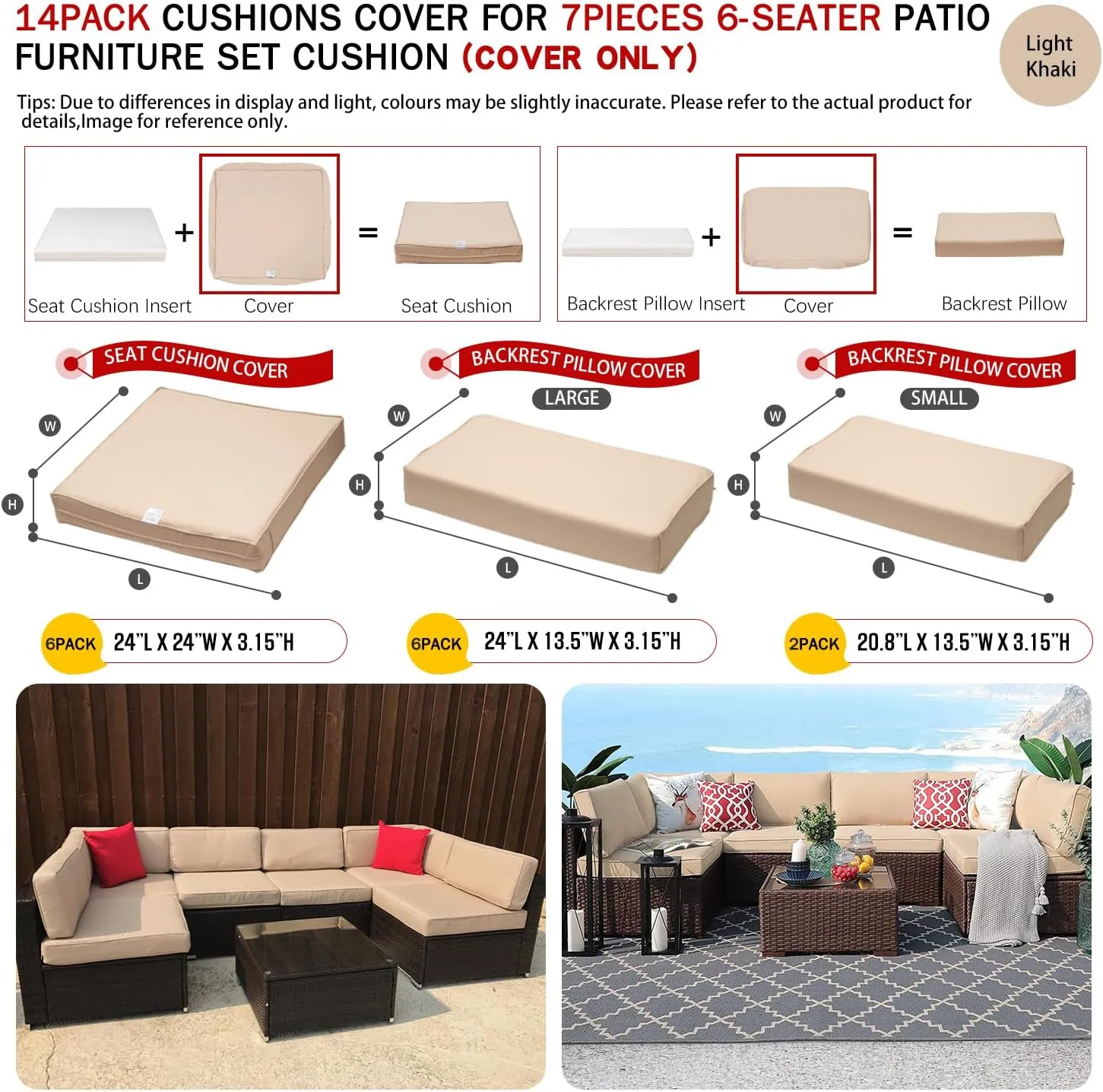 ClawsCover 14Pack Outdoor Patio Seat and Back Cushions Replacement Covers Fit for 7Pieces 6-Seater Wicker Rattan Sectional Couch Chair Furniture Set,Light Khaki-Include Cover Only (Small)