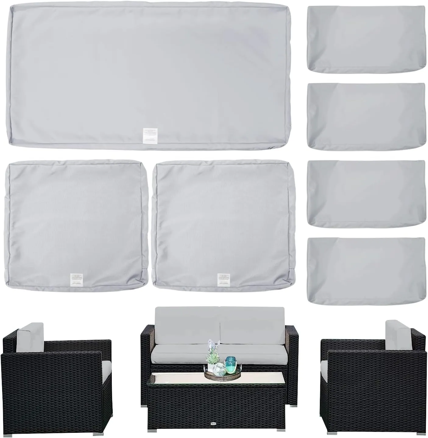 ClawsCover 7Pack Outdoor Seat and Back Cushions Replacement Covers Fits for 4-Seater 4Pieces Wicker Rattan Patio Conversation Set Sectional Couch Chair Furniture,Gray-Include Cover Only