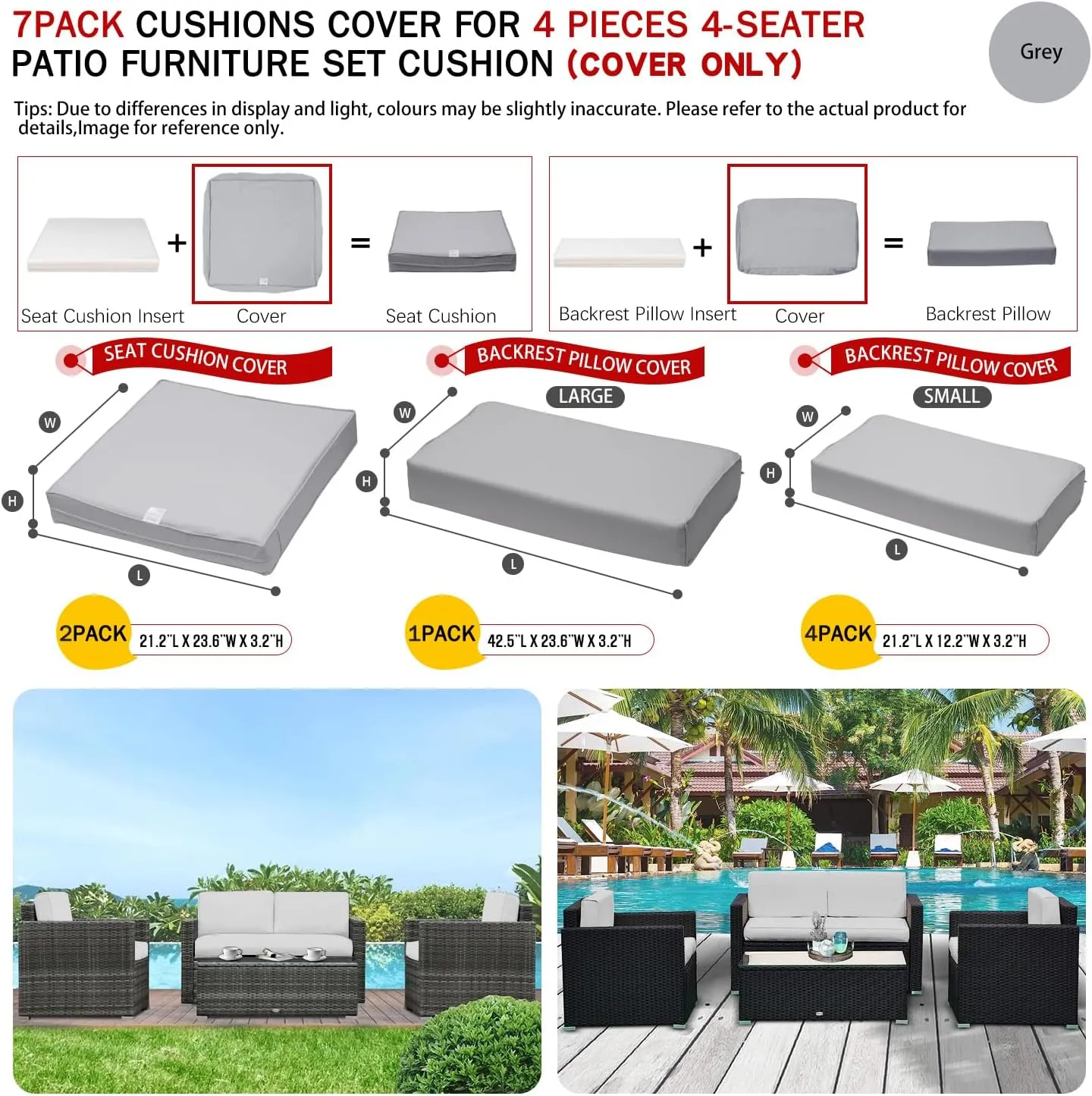 ClawsCover 7Pack Outdoor Seat and Back Cushions Replacement Covers Fits for 4-Seater 4Pieces Wicker Rattan Patio Conversation Set Sectional Couch Chair Furniture,Gray-Include Cover Only