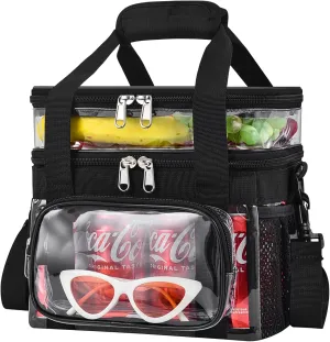Clear Lunch Bag - Large Clear Lunch Bag for Work Double-Deck Reusable Lunch Bag with Adjustable Strap, Front Pocket and Top Compartment for Picnic, Beach, Work, School（2-3 People Use）
