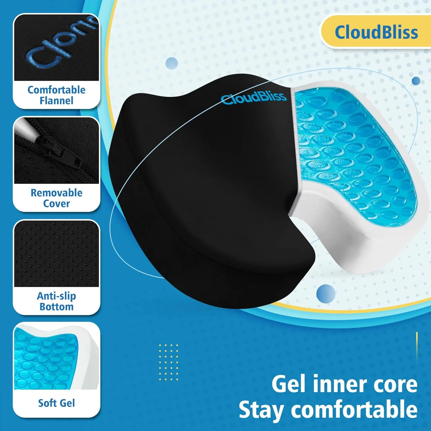 CloudBliss Cooling Gel Enhanced Office Chair Seat Cushion, Memory Foam Cushion for Long Sitting - Back, Sciatica, Coccyx, Tailbone Pain Relief Pillow - for Office, Gaming, Car, Fathers Day