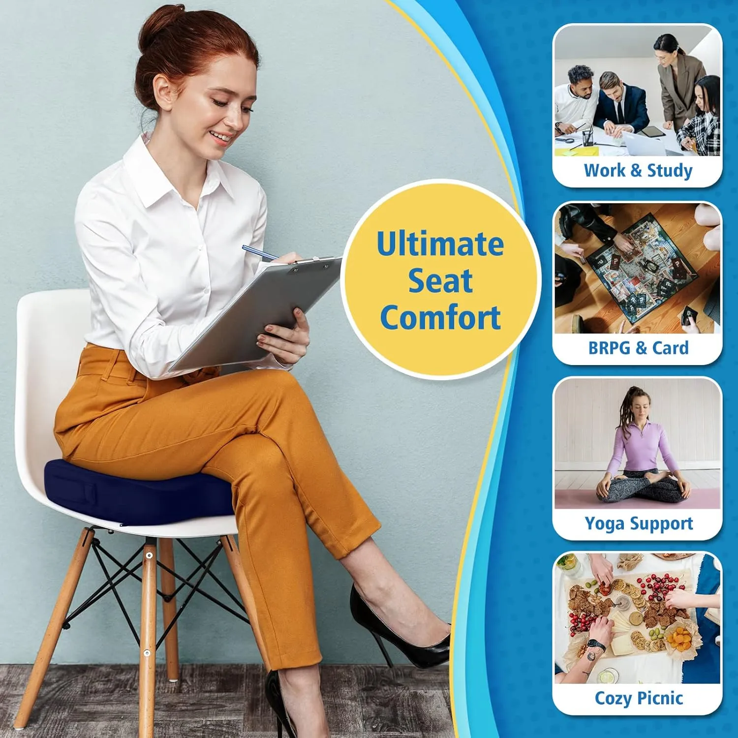 CloudBliss Large Office Chair Seat Cushion, Cooling Gel Enhanced Memory Foam for Long Sitting - Back, Sciatica, Coccyx, Tailbone Pain Relief Pillow - for Wheelchair，Office, Gaming, Car - Blue