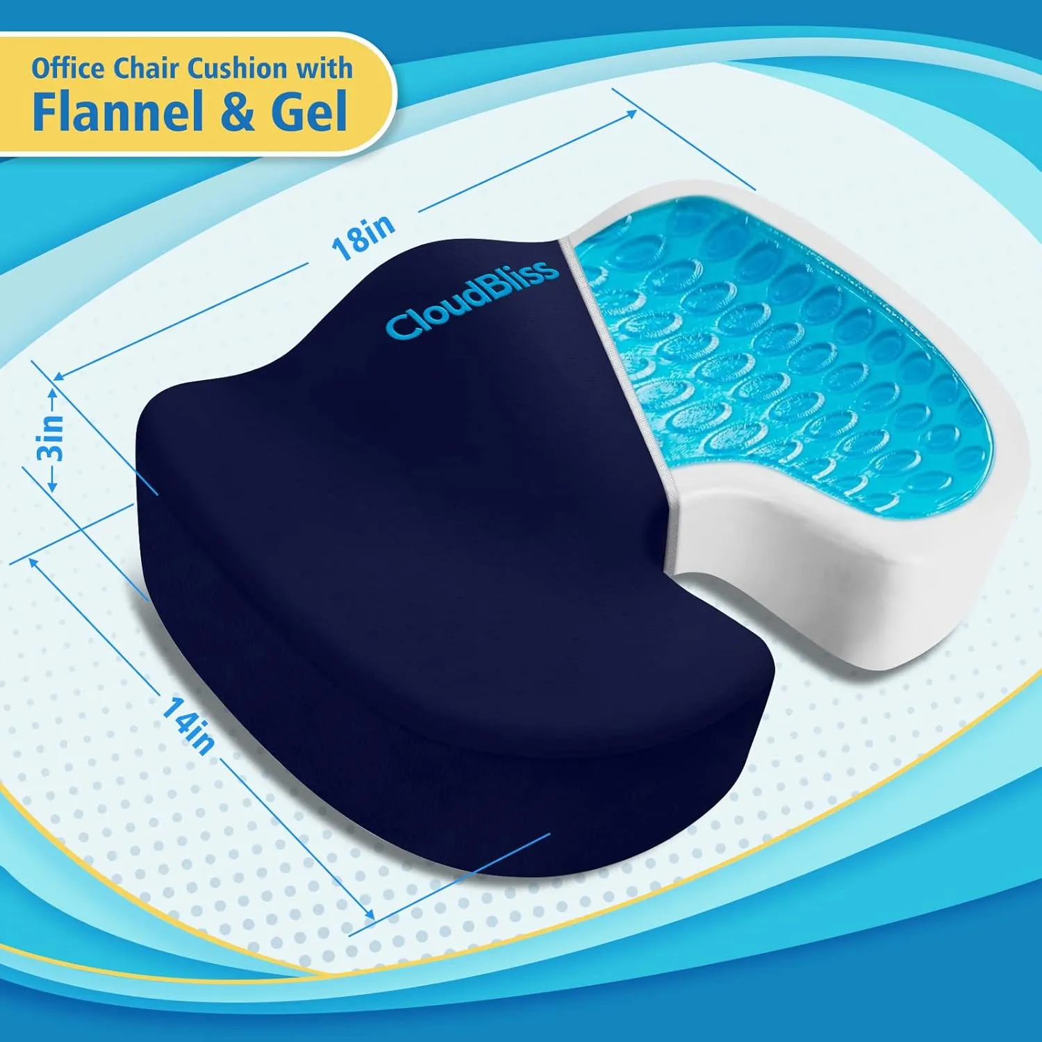 CloudBliss Large Office Chair Seat Cushion, Cooling Gel Enhanced Memory Foam for Long Sitting - Back, Sciatica, Coccyx, Tailbone Pain Relief Pillow - for Wheelchair，Office, Gaming, Car - Blue