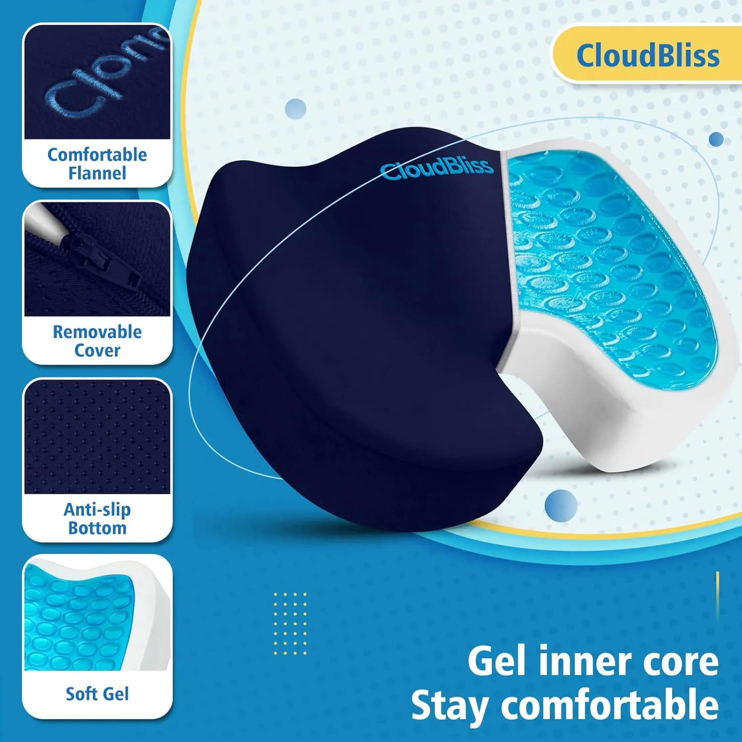 CloudBliss Large Office Chair Seat Cushion, Cooling Gel Enhanced Memory Foam for Long Sitting - Back, Sciatica, Coccyx, Tailbone Pain Relief Pillow - for Wheelchair，Office, Gaming, Car - Blue