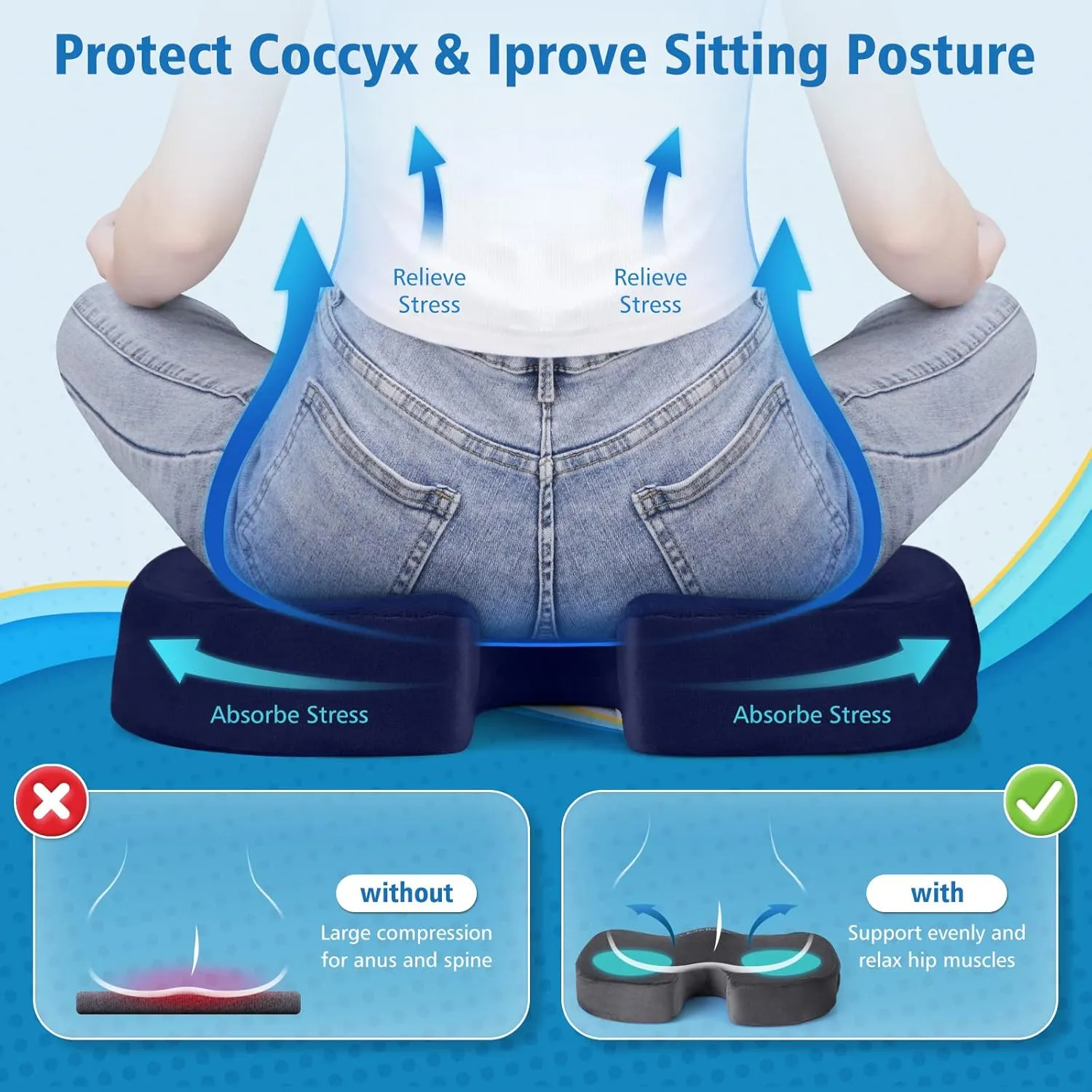 CloudBliss Large Office Chair Seat Cushion, Cooling Gel Enhanced Memory Foam for Long Sitting - Back, Sciatica, Coccyx, Tailbone Pain Relief Pillow - for Wheelchair，Office, Gaming, Car - Blue