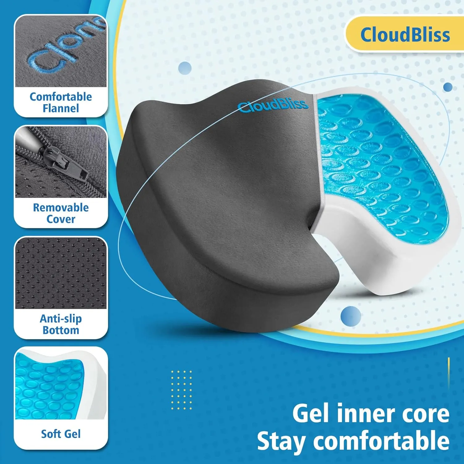CloudBliss Large Office Chair Seat Cushion, Cooling Gel Enhanced Memory Foam for Long Sitting - Back, Sciatica, Coccyx, Tailbone Pain Relief Pillow - for Wheelchair，Office, Gaming, Car - Grey