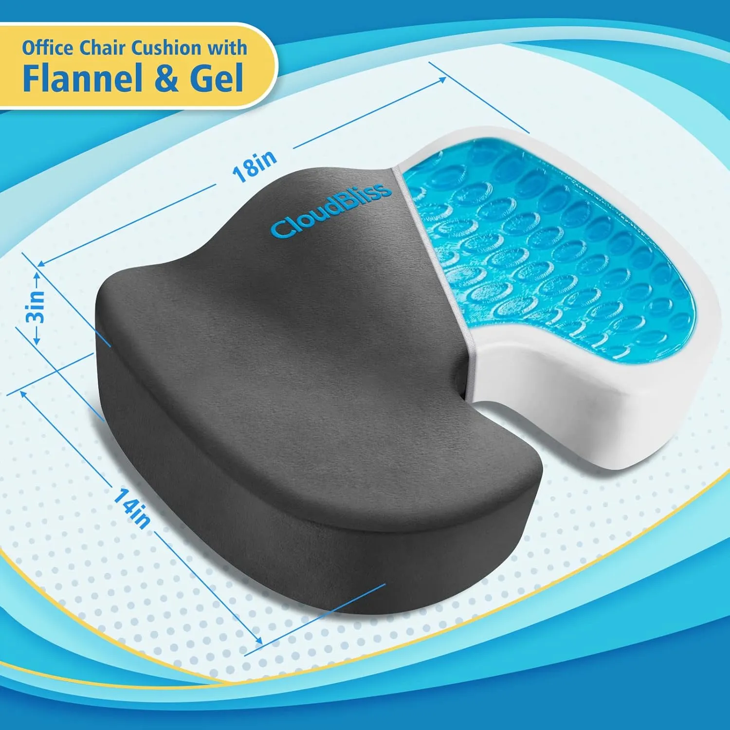 CloudBliss Large Office Chair Seat Cushion, Cooling Gel Enhanced Memory Foam for Long Sitting - Back, Sciatica, Coccyx, Tailbone Pain Relief Pillow - for Wheelchair，Office, Gaming, Car - Grey