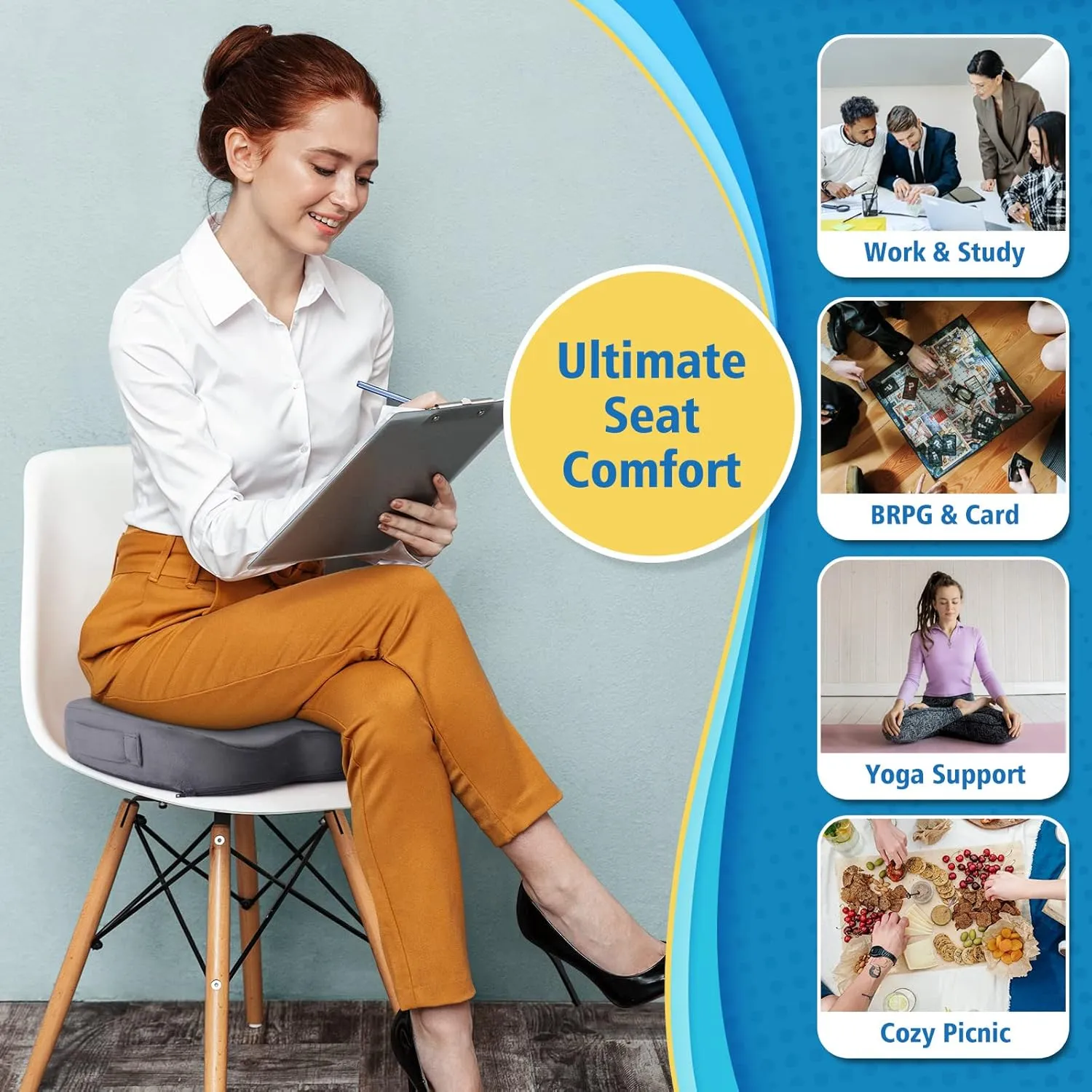 CloudBliss Large Office Chair Seat Cushion, Cooling Gel Enhanced Memory Foam for Long Sitting - Back, Sciatica, Coccyx, Tailbone Pain Relief Pillow - for Wheelchair，Office, Gaming, Car - Grey