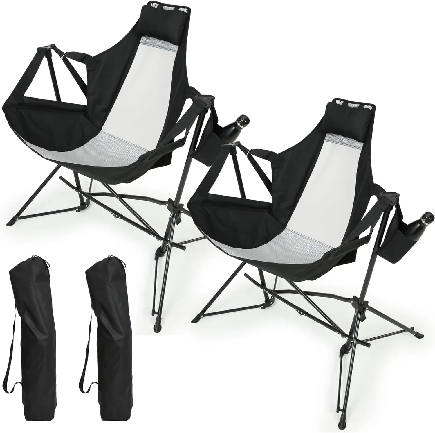 Comfortable Outdoor Relaxation with Portable Hammock Camping Chair, Adjustable Recline, Cup Holder, Black, Set of 2