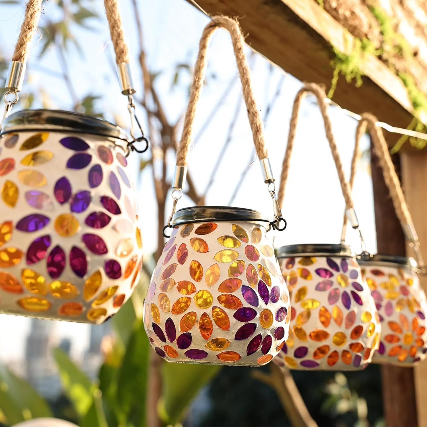 Cooo 4 Pack Mosaic Solar Lantern Outdoor Waterproof IP68 Hanging Projection Light Hidden Lid Pear-Shaped Lantern with Rope Handle Solar Powered Auto On for Patio Garden Fence Table -Petal Mirage