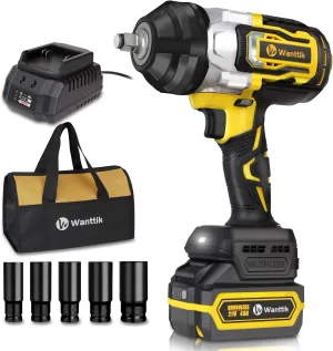 Cordless Impact Wrench 1/2 Inch, 1000 Ft-lbs High Torque, 21V Brushless Impact Gun w/ 4.0 Ah Battery, Fast Charger, 5 Sockets and Tool Bag