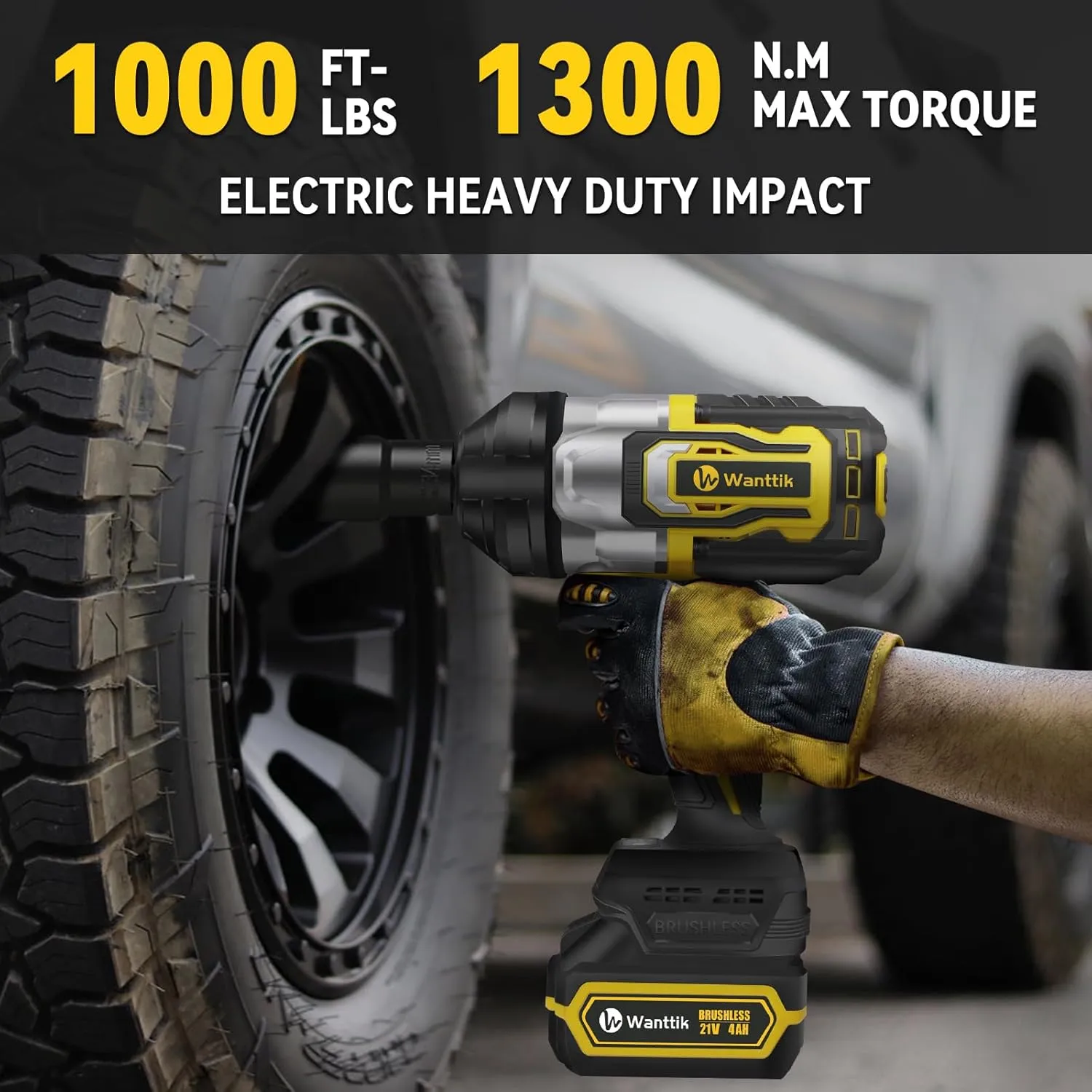 Cordless Impact Wrench 1/2 Inch, 1000 Ft-lbs High Torque, 21V Brushless Impact Gun w/ 4.0 Ah Battery, Fast Charger, 5 Sockets and Tool Bag