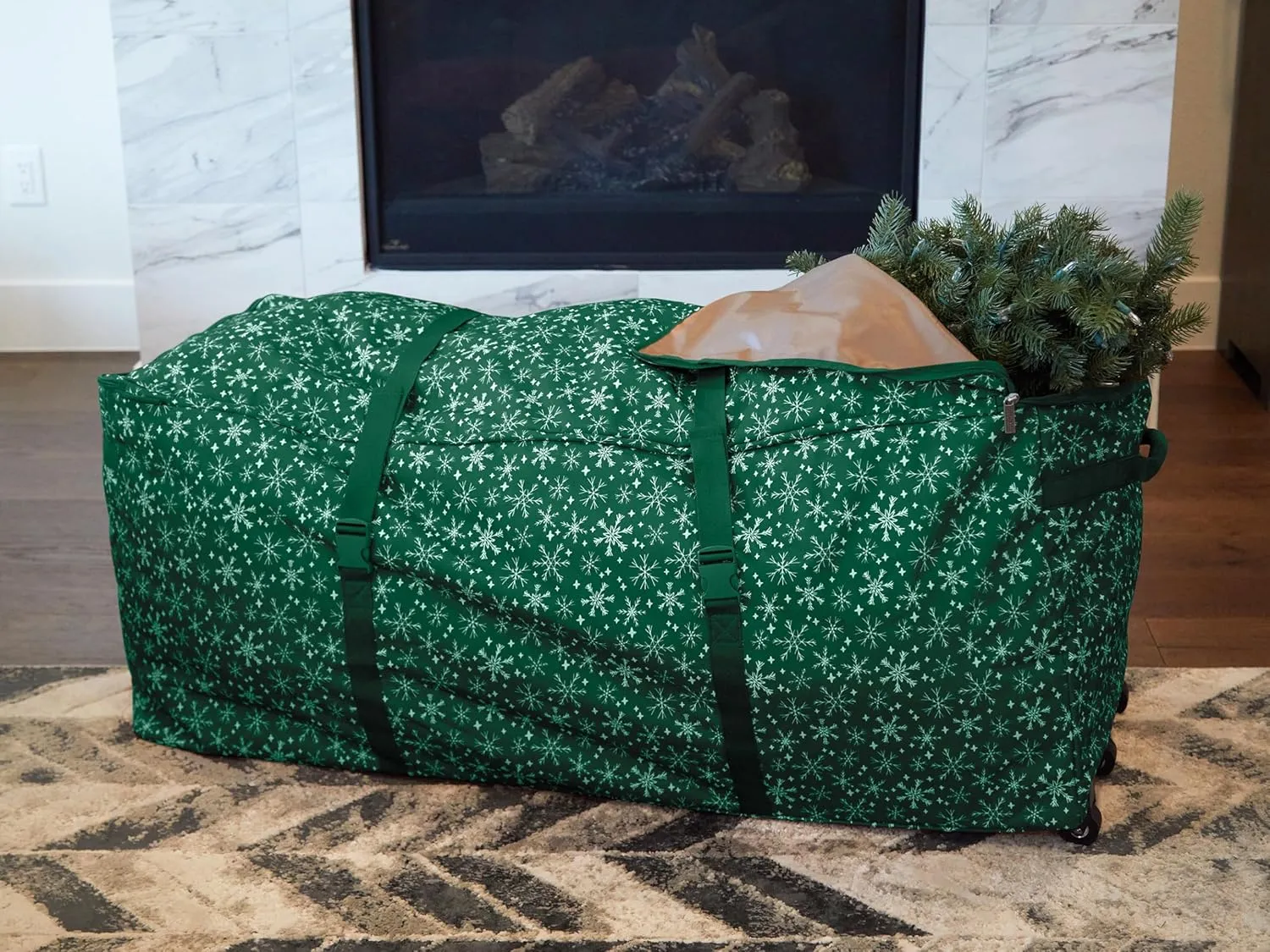 Covermates Keepsakes Christmas Tree Rolling Cinch Bag – Superior Protection, Padded Handles - Holiday Storage, Green Snowflake