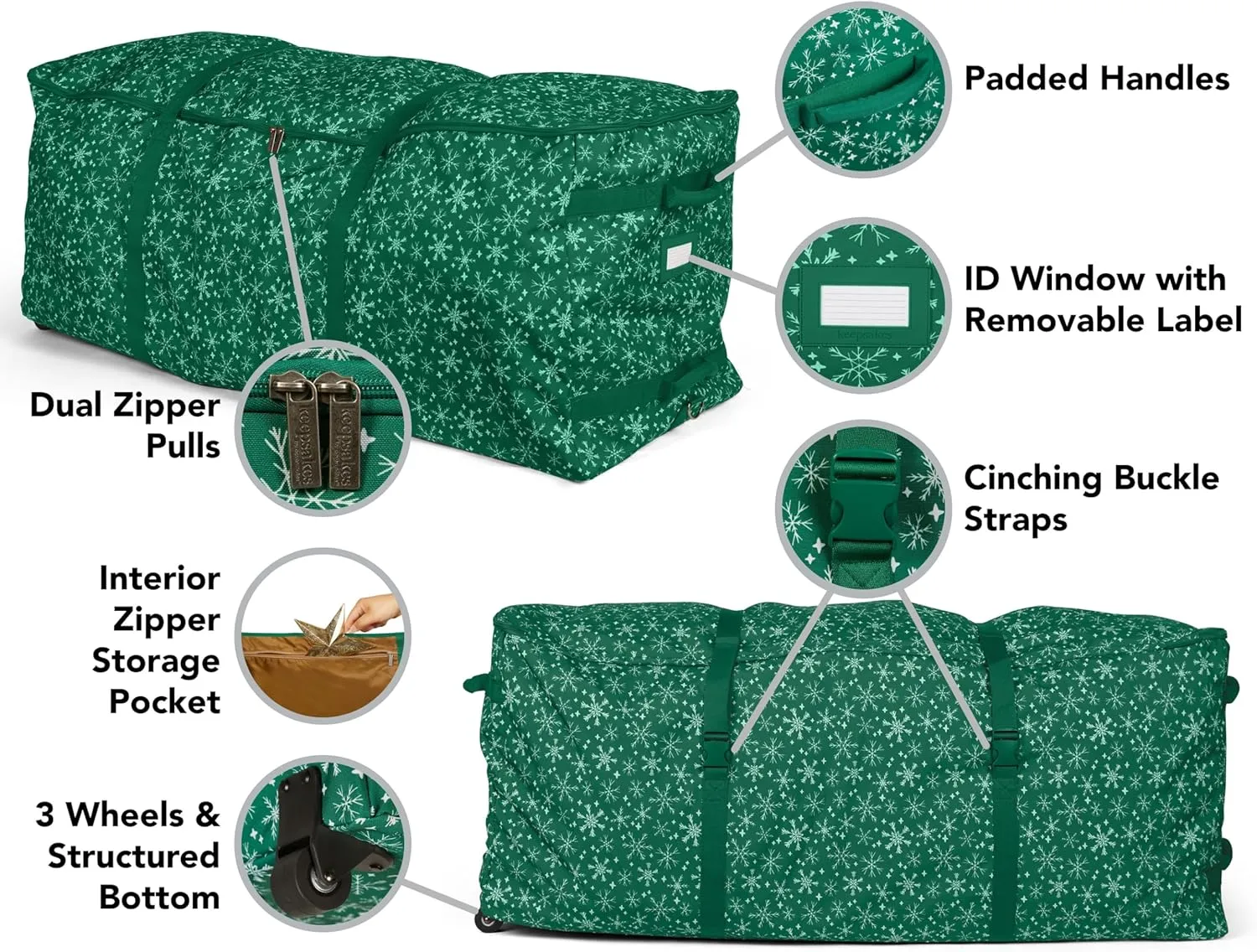 Covermates Keepsakes Christmas Tree Rolling Cinch Bag – Superior Protection, Padded Handles - Holiday Storage, Green Snowflake