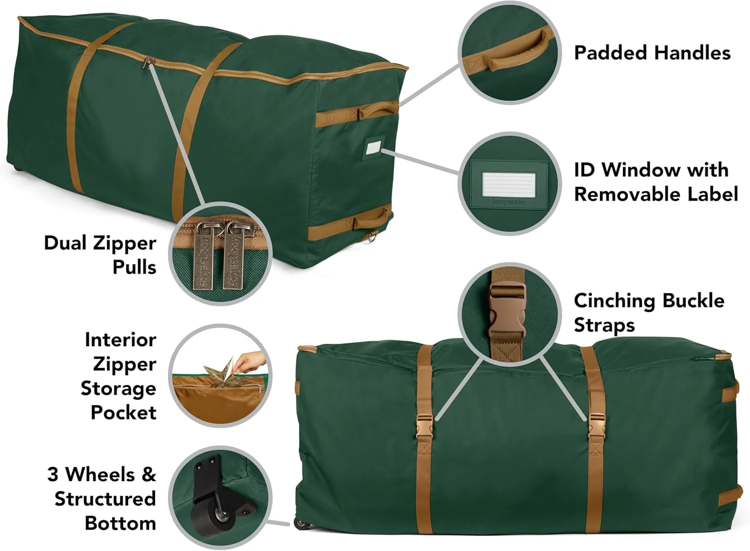Covermates Keepsakes Christmas Tree Rolling Cinch Bag – Superior Protection, Padded Handles - Holiday Storage, Green