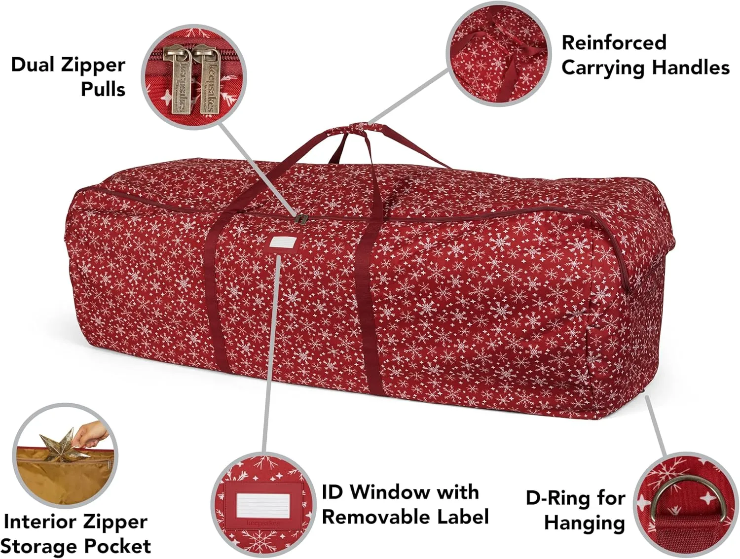 Covermates Keepsakes Garland Duffle Bag – Durable Polyester, Reinforced Handles, Fits up to 25 Foot Garland Depending on Thickness - Holiday Storage, Red Snowflake
