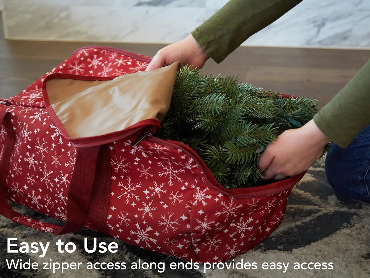 Covermates Keepsakes Garland Duffle Bag – Durable Polyester, Reinforced Handles, Fits up to 25 Foot Garland Depending on Thickness - Holiday Storage, Red Snowflake