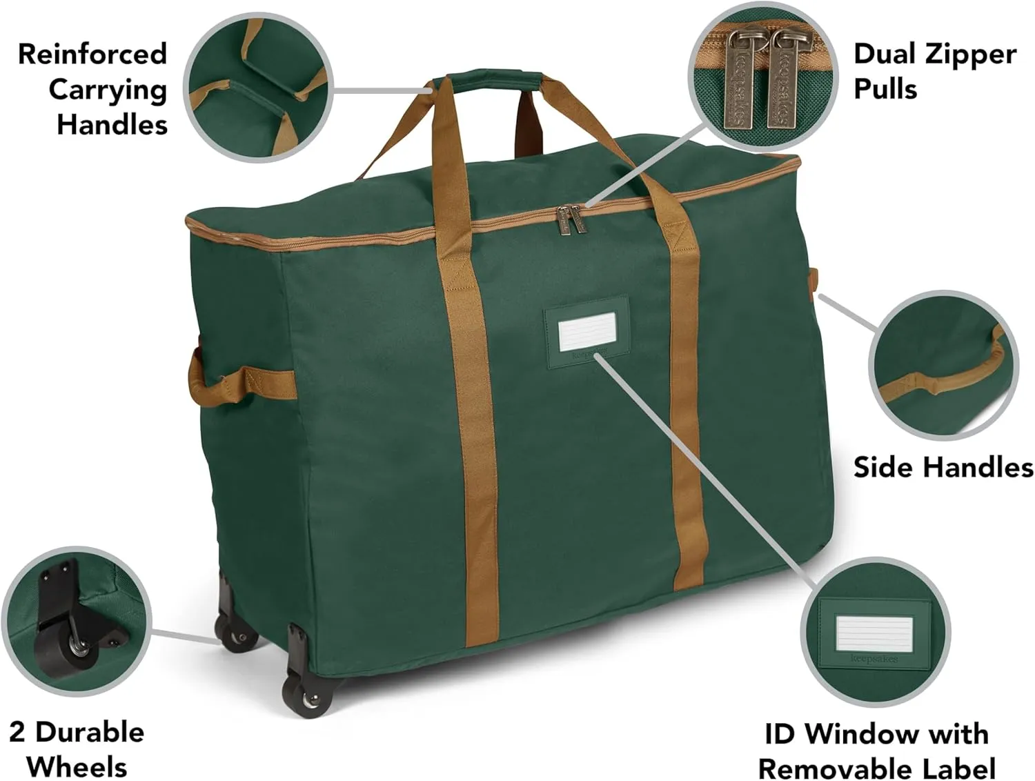 Covermates Keepsakes Rolling Treasurekeeper Storage Bag - Carrying Handles, ID Window, Dual Wheels - Holiday Storage, Green