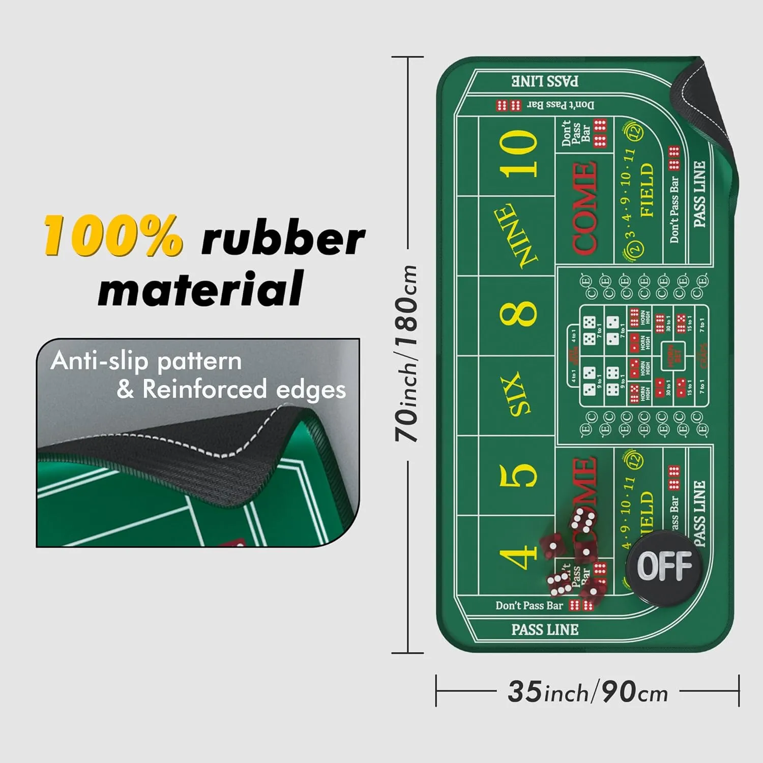 Craps Mat 70" x 35" Craps Table Top Set Craps Table Mat Craps Table Top Mat with 5 Craps Casino Craps ON/Off Poker Button Storage Bag Craps Game Layout