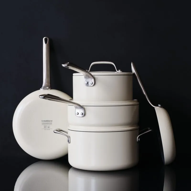 Crate & Barrel EvenCook Ceramic Cream Ceramic Nonstick 8-Piece Cookware Set