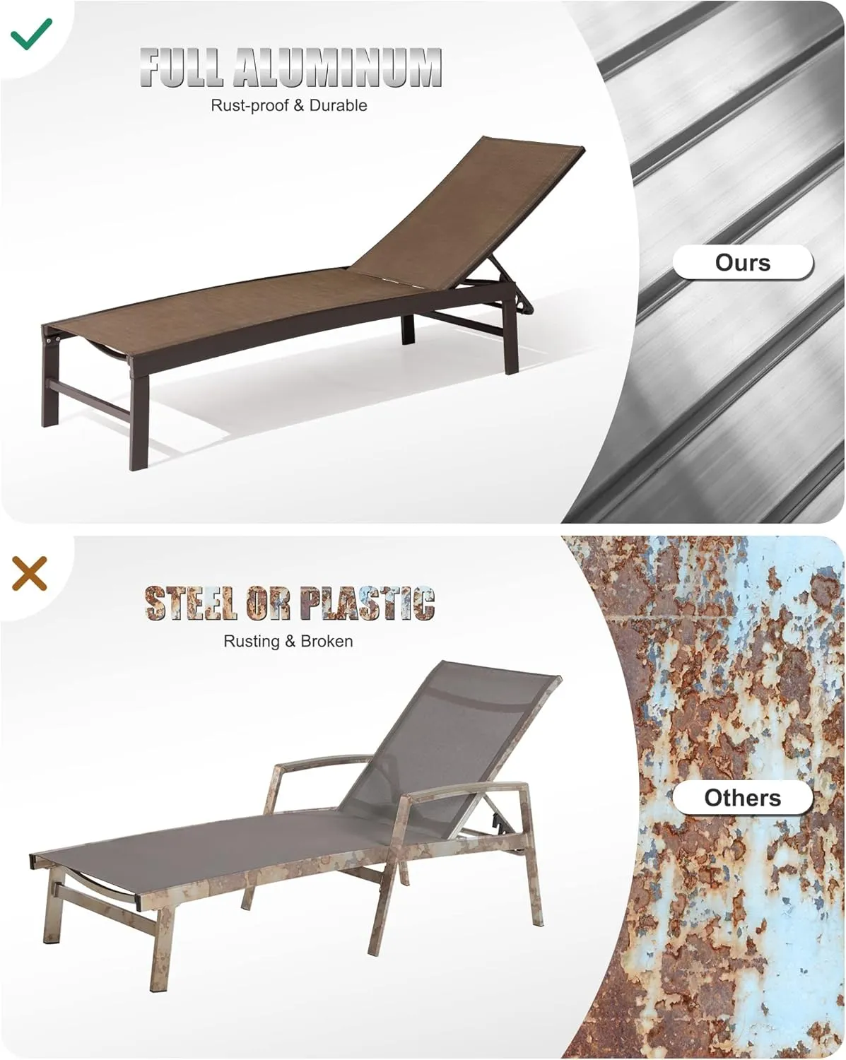 Crestlive Products 4PCS Chaise Lounge Chairs Outdoor with 2PCS Side Tables, Aluminum Patio Lounge Set, Adjustable Five-Position Recliner for Beach, Pool, Sunbathing, Lawn, Yard