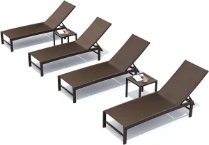 Crestlive Products 4PCS Chaise Lounge Chairs Outdoor with 2PCS Side Tables, Aluminum Patio Lounge Set, Adjustable Five-Position Recliner for Beach, Pool, Sunbathing, Lawn, Yard
