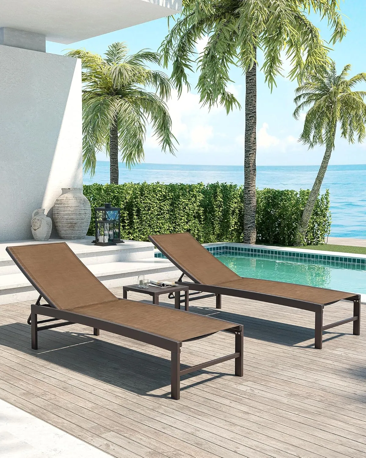 Crestlive Products 4PCS Chaise Lounge Chairs Outdoor with 2PCS Side Tables, Aluminum Patio Lounge Set, Adjustable Five-Position Recliner for Beach, Pool, Sunbathing, Lawn, Yard