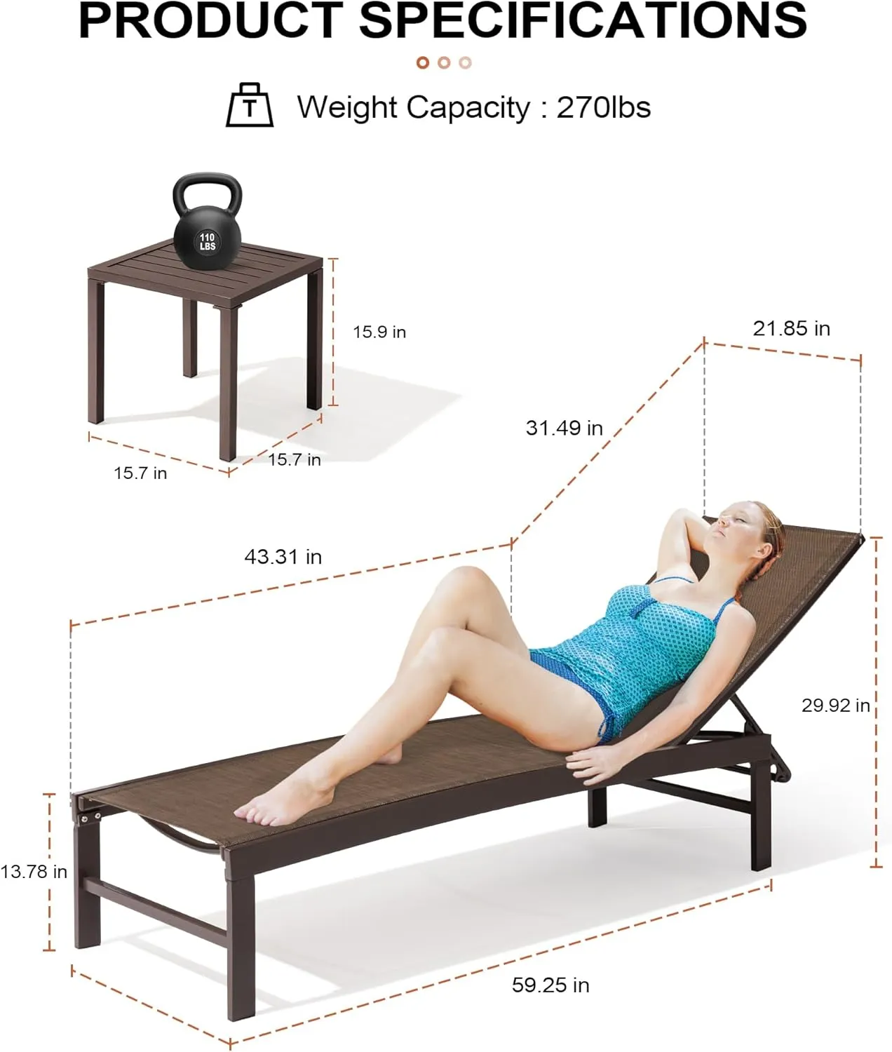 Crestlive Products 4PCS Chaise Lounge Chairs Outdoor with 2PCS Side Tables, Aluminum Patio Lounge Set, Adjustable Five-Position Recliner for Beach, Pool, Sunbathing, Lawn, Yard